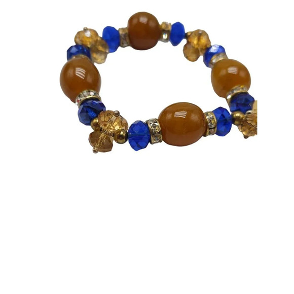 Blue Orange Crystal Orange Polished Tourmaline Beaded Stretchy Bracelet Vintage - Picture 2 of 4